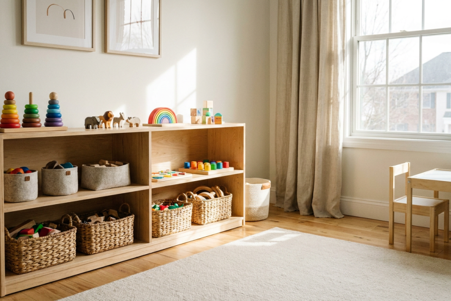 Låg öppen trähylla i ett montessori barnrum med tillgängliga leksaker och korgar