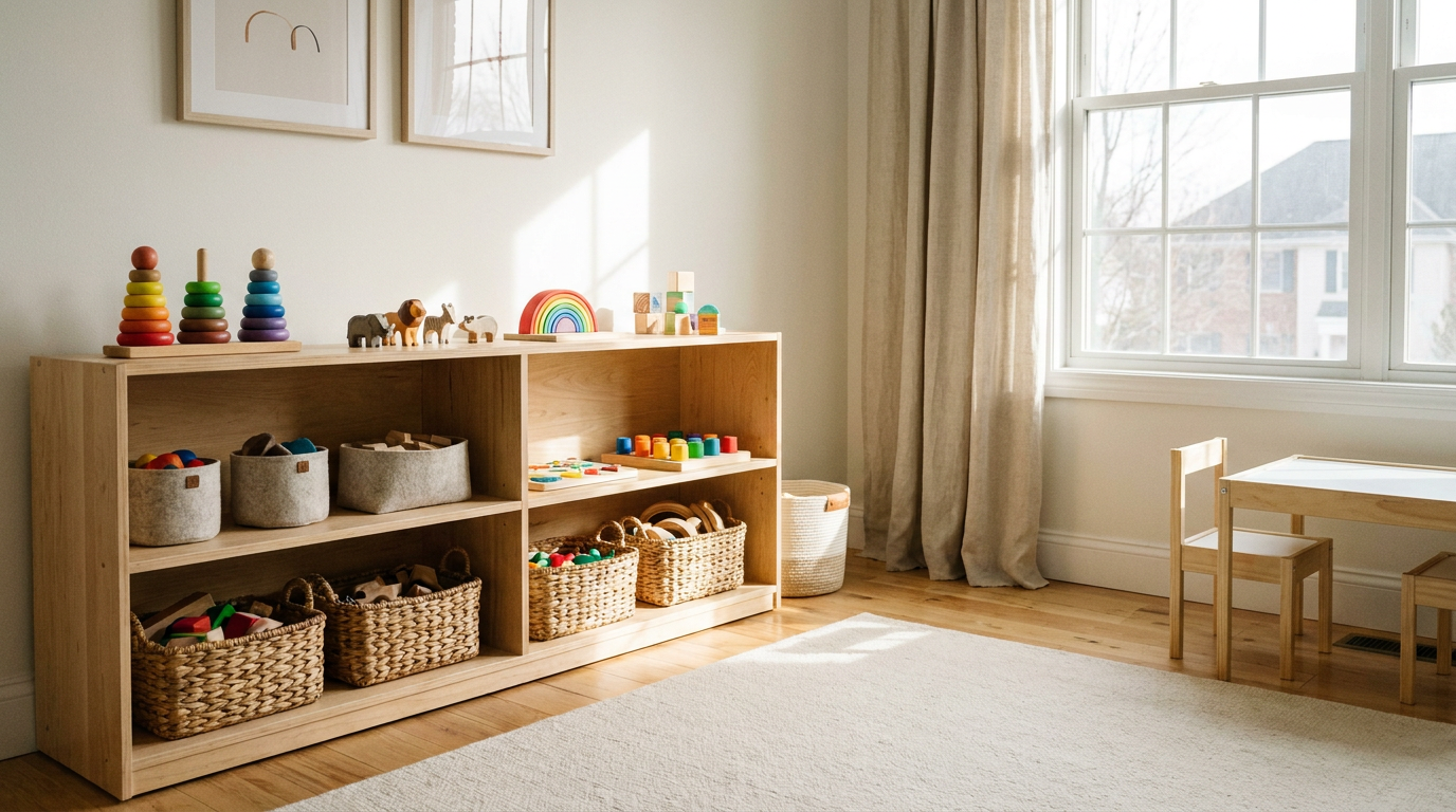 Låg öppen trähylla i ett montessori barnrum med tillgängliga leksaker och korgar